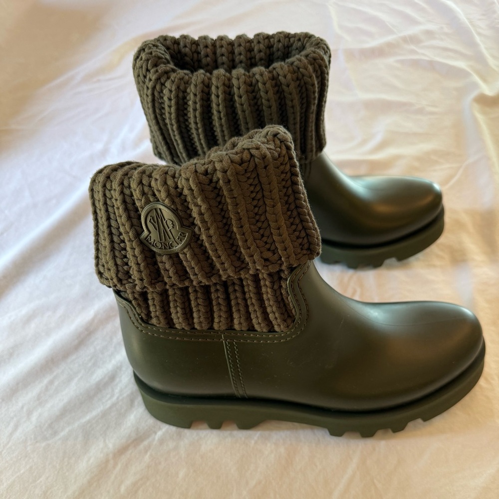 Moncler Olive Rubber Boots with Knit Cuff